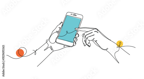 Hands interacting with a blue screen smartphone in a modern continuous line art style with artistic splashes of color.