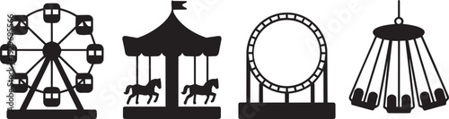Collection of amusement park rides in a clean black silhouette style
