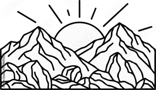 Stylized line art of a sun rising behind jagged mountain peaks