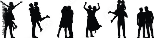 Large collection of black silhouettes featuring diverse romantic couples hugging kissing and lifting each other in various poses isolated on a white background for love