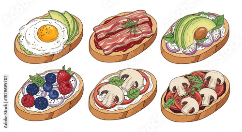 Tasty assortment of healthy open-faced sandwiches on toasted bread with various toppings like avocado egg bacon and berries.