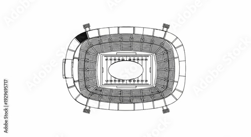 Overhead view of an American football stadium with seats, scoreboard, and oval field