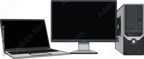 A laptop, a desktop monitor, and a computer tower are displayed against a white background