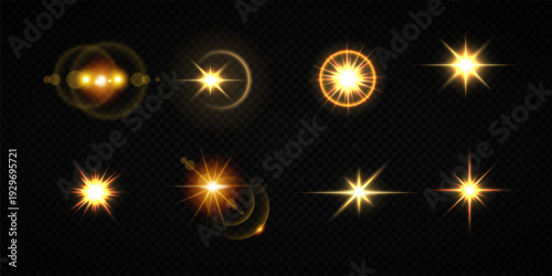 Glowing Golden Star Light Effect with Sparkle Rays and Lens Flare Illumination on Transparent Background