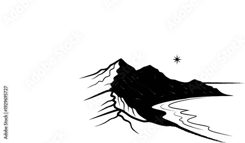 Stark mountain range with a winding river and a starburst in the distance