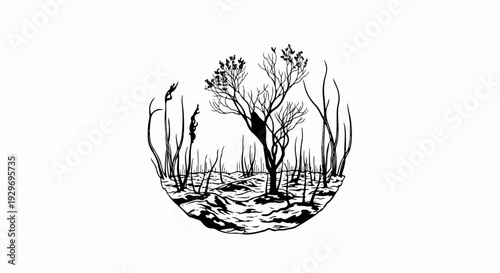 Stylized monochrome illustration depicts a bare-branched tree surrounded by reeds