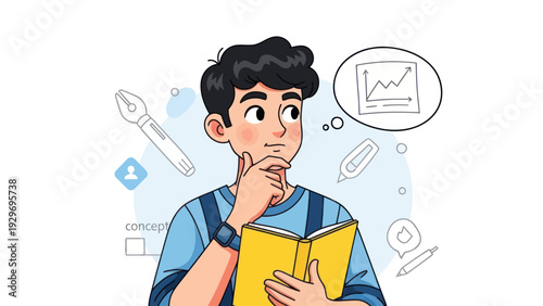 Young man thinking with book and thought bubble graphic vector illustration