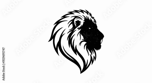 Stylized black lion head with flowing mane on a white background