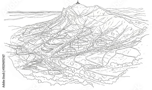 A detailed sketch of a mountain peak with rugged slopes, valleys, and distant horizons