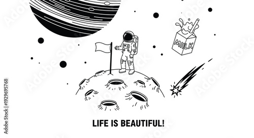 Artistic black and white drawing of an astronaut standing on the lunar surface with a flag and a floating carton of milk.