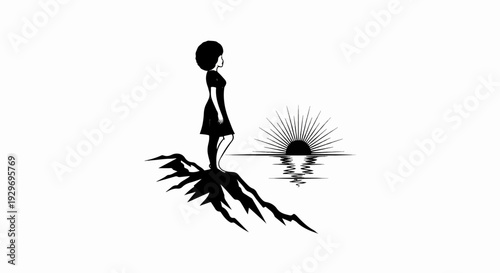 Silhouette of woman on rocky outcrop gazes at sunburst over rippling water