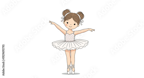 Adorable little girl dressed as a ballerina in a white tutu and buns performing a graceful dance move with open arms.