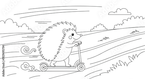 Active hedgehog riding a kick scooter at high speed along a winding country path in a simple black and white line drawing.