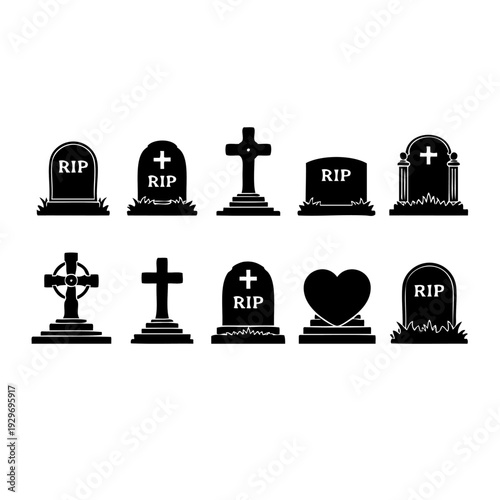 A collection of various gravestone and memorial designs in black and white