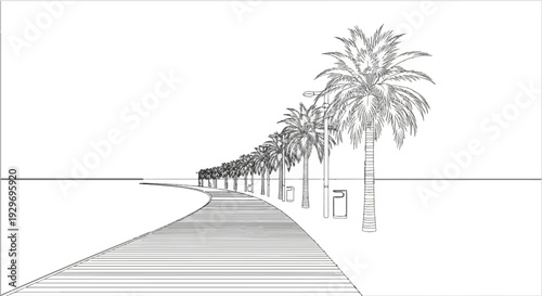 A drawing of a winding pathway lined with palm trees and streetlights