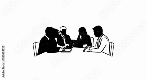 Business meeting with silhouettes of people around a table with a laptop