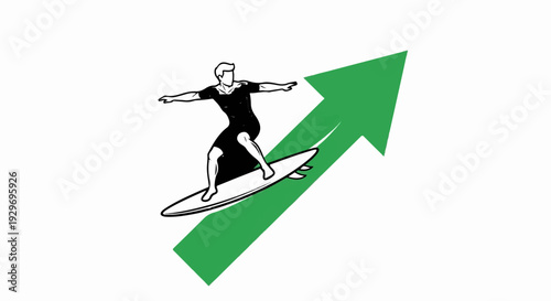 Surfer riding a surfboard with a green arrow pointing upward