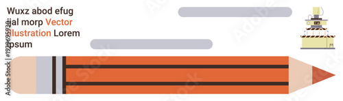 Educational tools, creative writing, drafting concepts, productivity, design, stationery. A large red pencil, text and a small machine in a minimalist style. Educational tools and creative writing