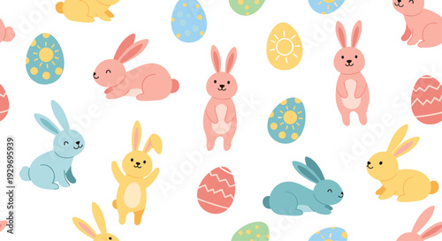 Seamless pattern of colorful decorated Easter eggs and cute bunnies in soft pastel shades for spring holiday celebration.