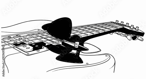 Close-up of a black electric guitar neck, fretboard, and strings with picks