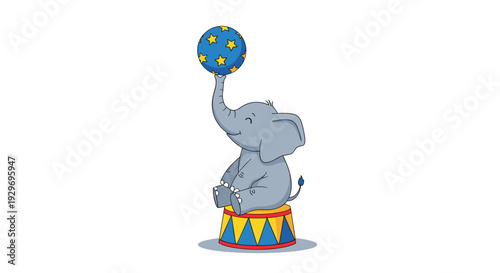 Adorable circus elephant sitting on a colorful pedestal and balancing a blue ball with yellow stars on its trunk.