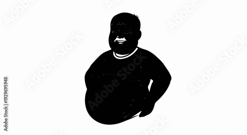 A stylized black and white illustration of a smiling, portly man with dark hair