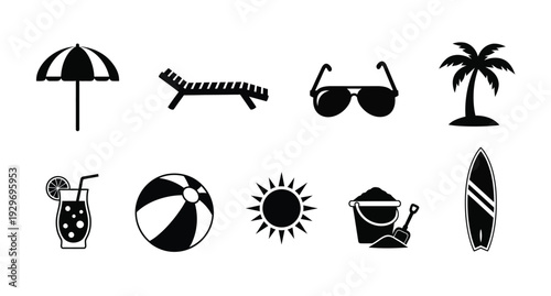 Summer vacation icons depicting beach essentials in a dark silhouette