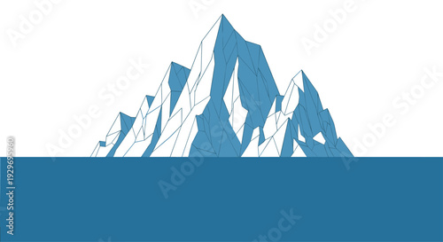 Stylized geometric illustration of a large white iceberg floating in deep blue ocean water against plain white sky.