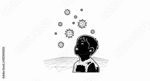 A child looks up at floating virus particles against a grid background