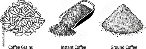 Depicts three stages of coffee preparation whole beans, instant granules, and ground coffee
