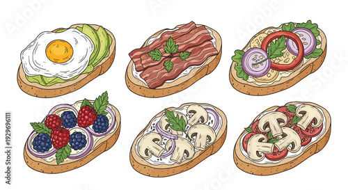 Assorted healthy breakfast toast options with diverse gourmet toppings including avocado egg berries and mushrooms.