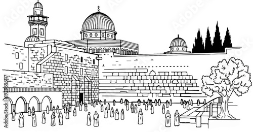Line drawing of ancient stone structures with domes and a minaret, populated by figures
