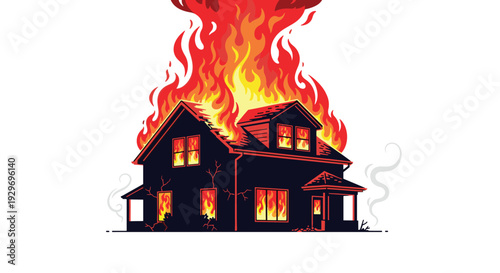 Dramatic illustration of a residential house completely engulfed in large fire flames and smoke against white background.