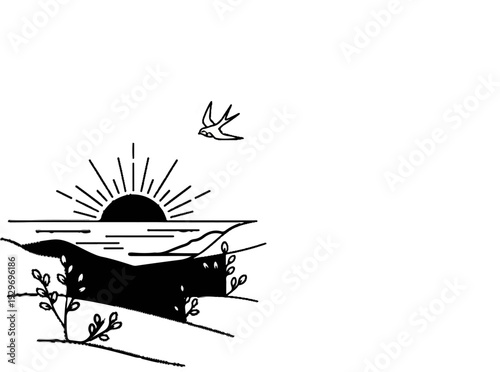 Stylized sun rising over water with a bird flying above a hilly landscape