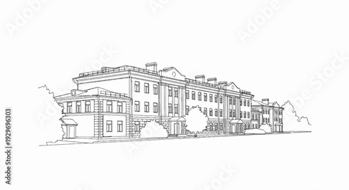 Stylized line drawing of a classical building with trees and foliage