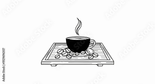 Hot coffee cup with steaming aroma and scattered beans on a wooden tray