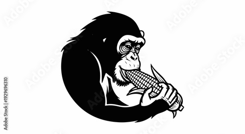 Black and white illustration of a chimpanzee with a wide grin, eating a cob of corn