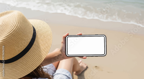 Woman in straw hat holds phone on sandy beach with ocean waves