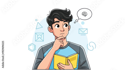 Young man thinking with brain thought bubble and book illustration