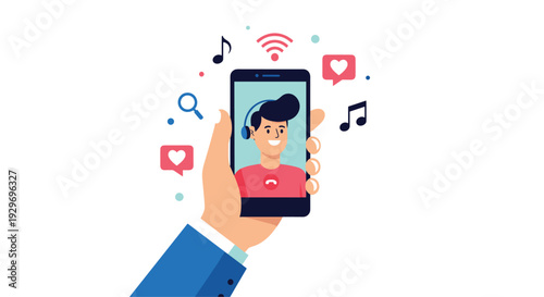Hand holding a mobile phone for a video call with a male character and various floating social media and multimedia icons.
