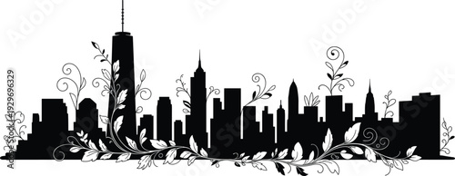City skyline silhouette illustration, urban floral design artwork, decorative vine elements, metropolitan nature integration graphic, artistic environmental cityscape