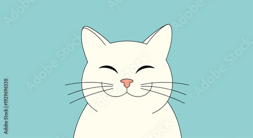 Cute white cat face illustration with closed eyes and a happy expression set against a simple solid light blue background.