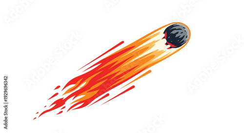 Fiery comet or asteroid flying through the air with a bright tail of flames and smoke, illustrated in a flat cartoon style.