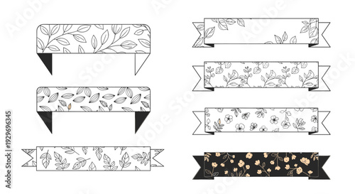 Collection of horizontal banners and ribbons decorated with various black and white floral and leaf patterns for scrapbooking.