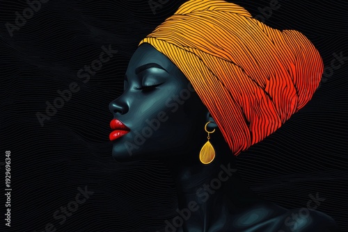 Vivid profile of a woman with bright headwrap and elegant earrings