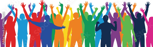 Colorful people silhouettes, unity celebration artwork, diversity inclusion vector, community graphic design, vibrant crowd illustration, multicultural symbol art, teamwork spirit icon