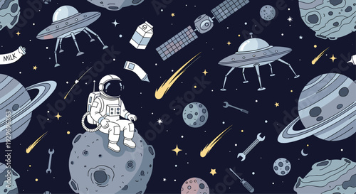 Seamless space pattern with astronauts, UFOs, planets, stars, satellites, and flying space tools on a dark blue background.