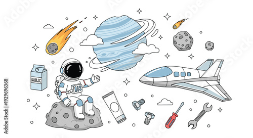 Space exploration themed vector collection featuring an astronaut, planets, spaceship, tools, and asteroids on a white background.