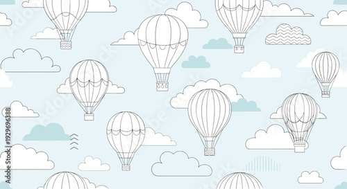 Seamless pattern of hand drawn hot air balloons floating among various clouds in a light blue sky for nursery or baby decor.
