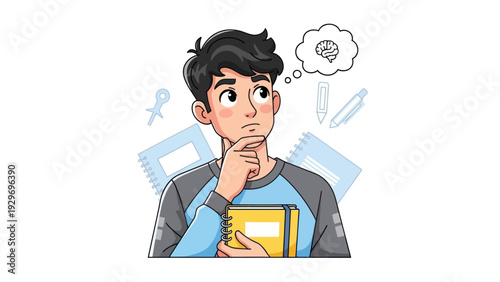 Young man thinking with brain thought bubble illustration vector graphic
